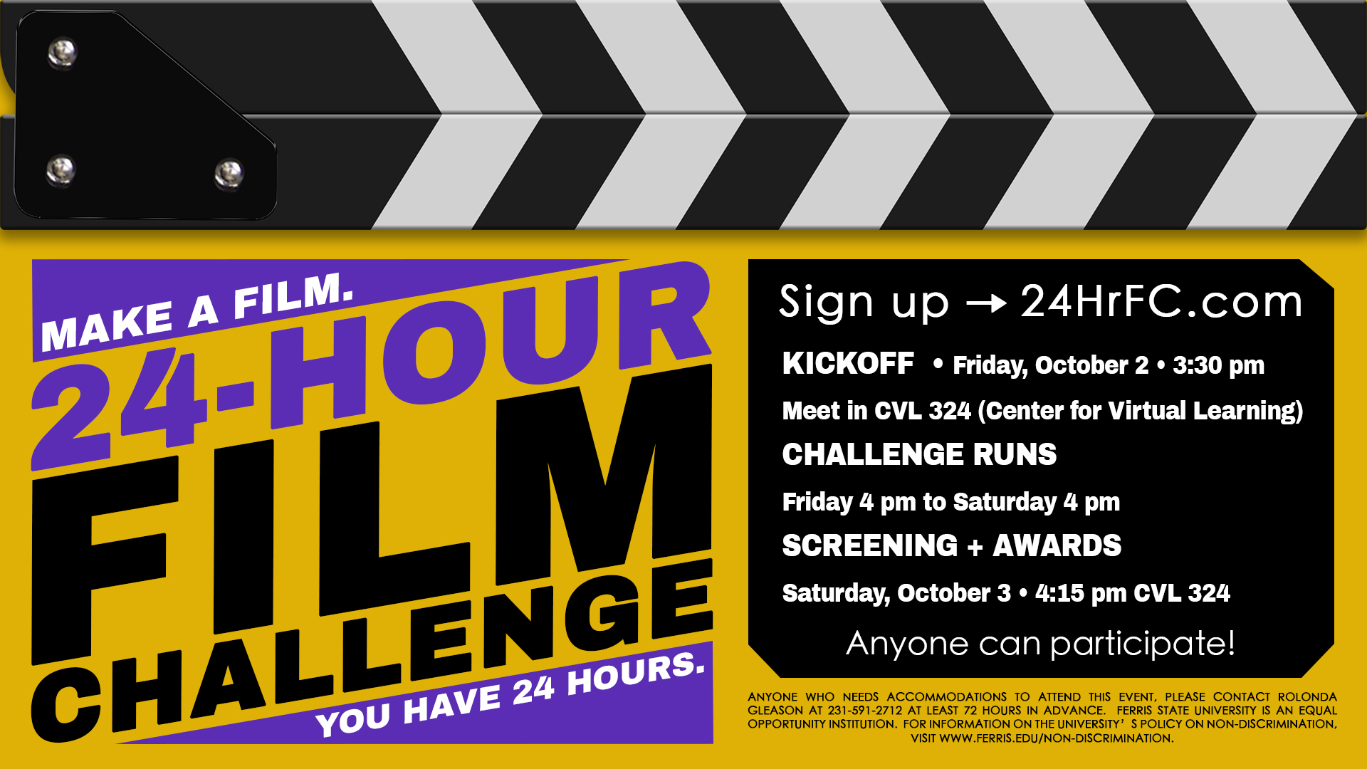 2026 24-Hour Film Challenge campaign graphic with bold purple, black, and yellow typography